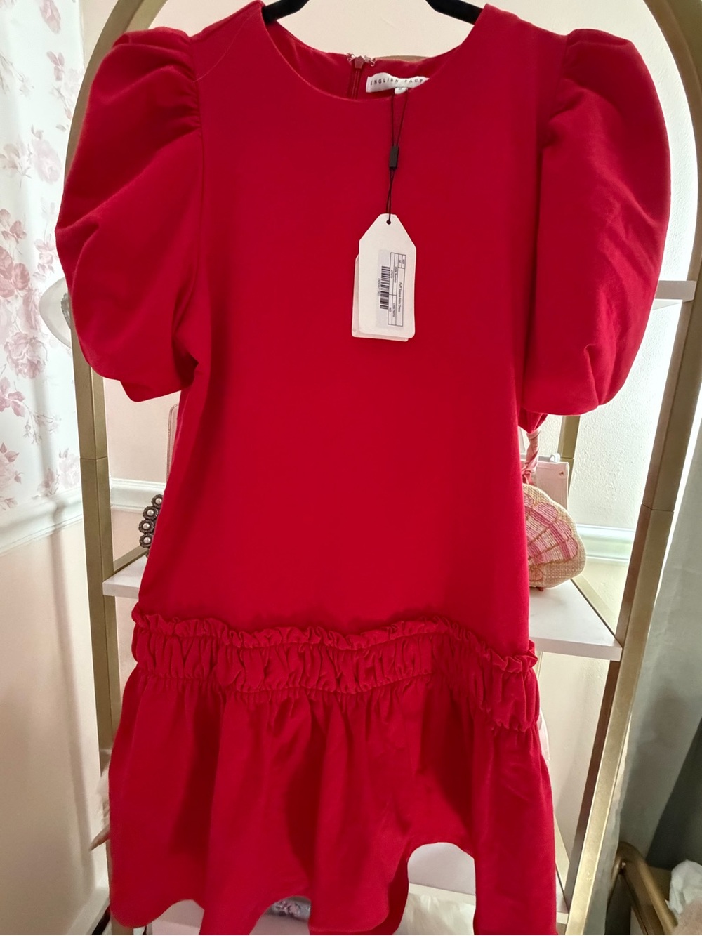 English Factory Red Puff-Sleeve Ruffle-Hem Dress